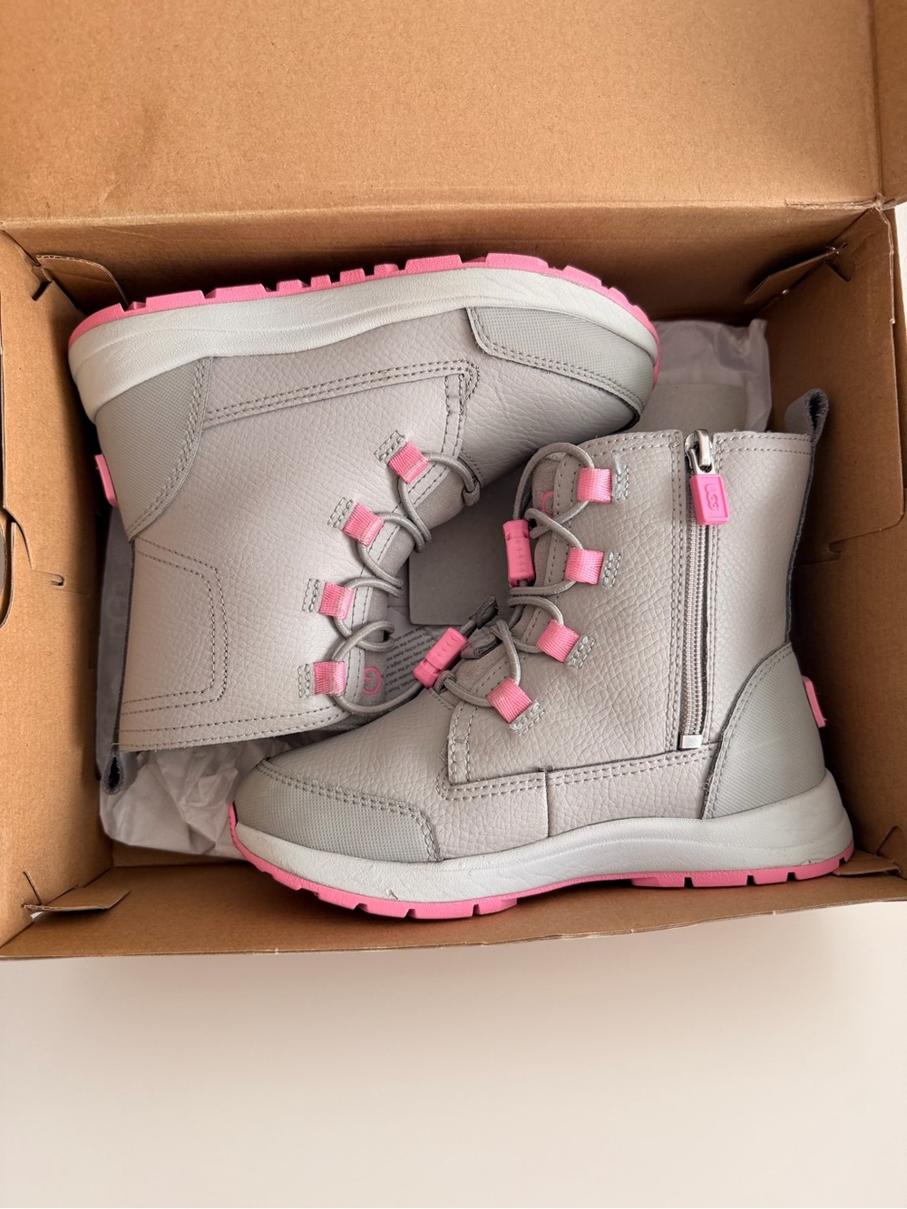 UGG Kids Gray and Pink Lace-Detail Waterproof Boots